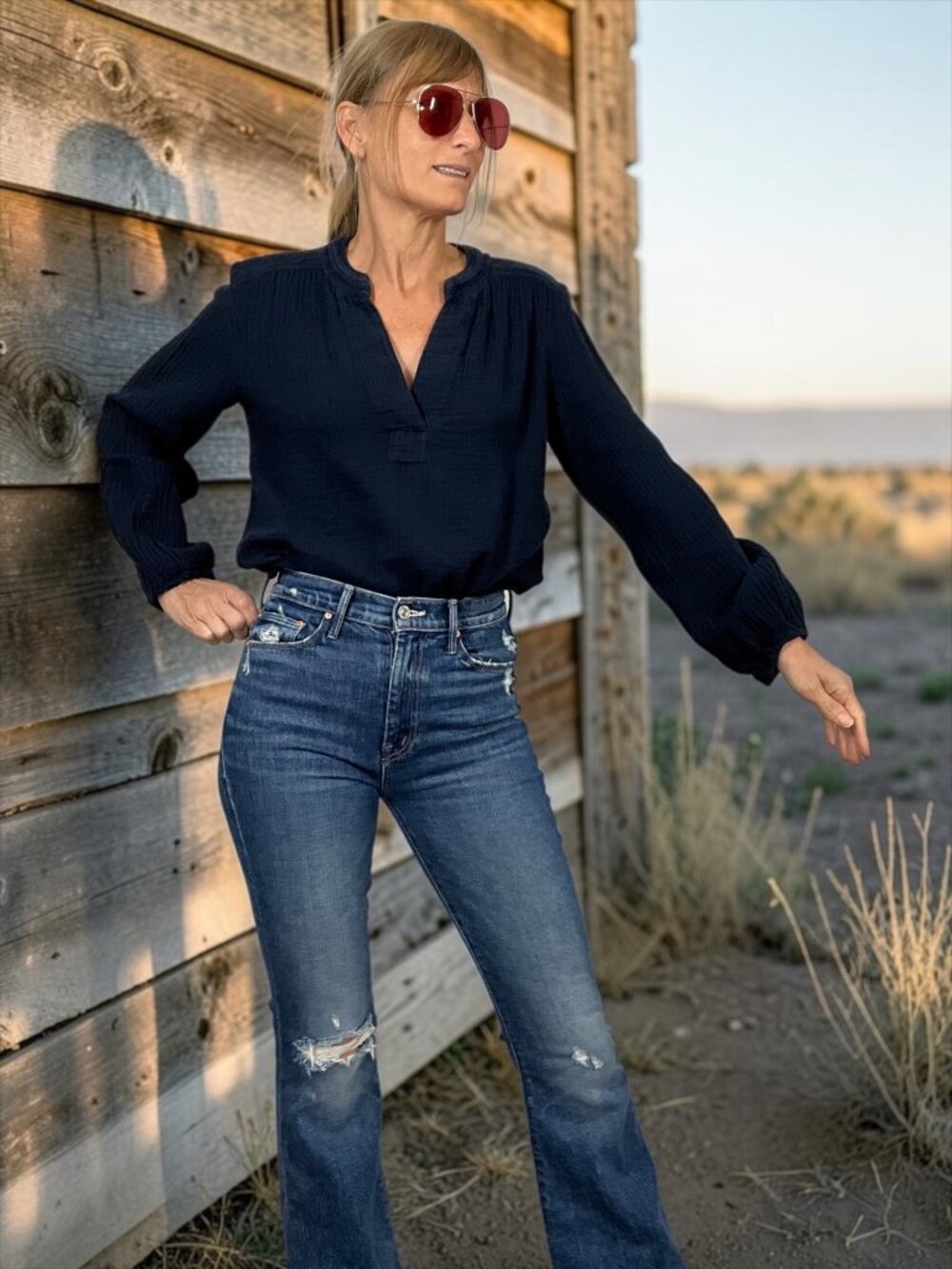 XiRENA Arielle Blouse XS North Star Navy Blue Long Sleeve Cotton
